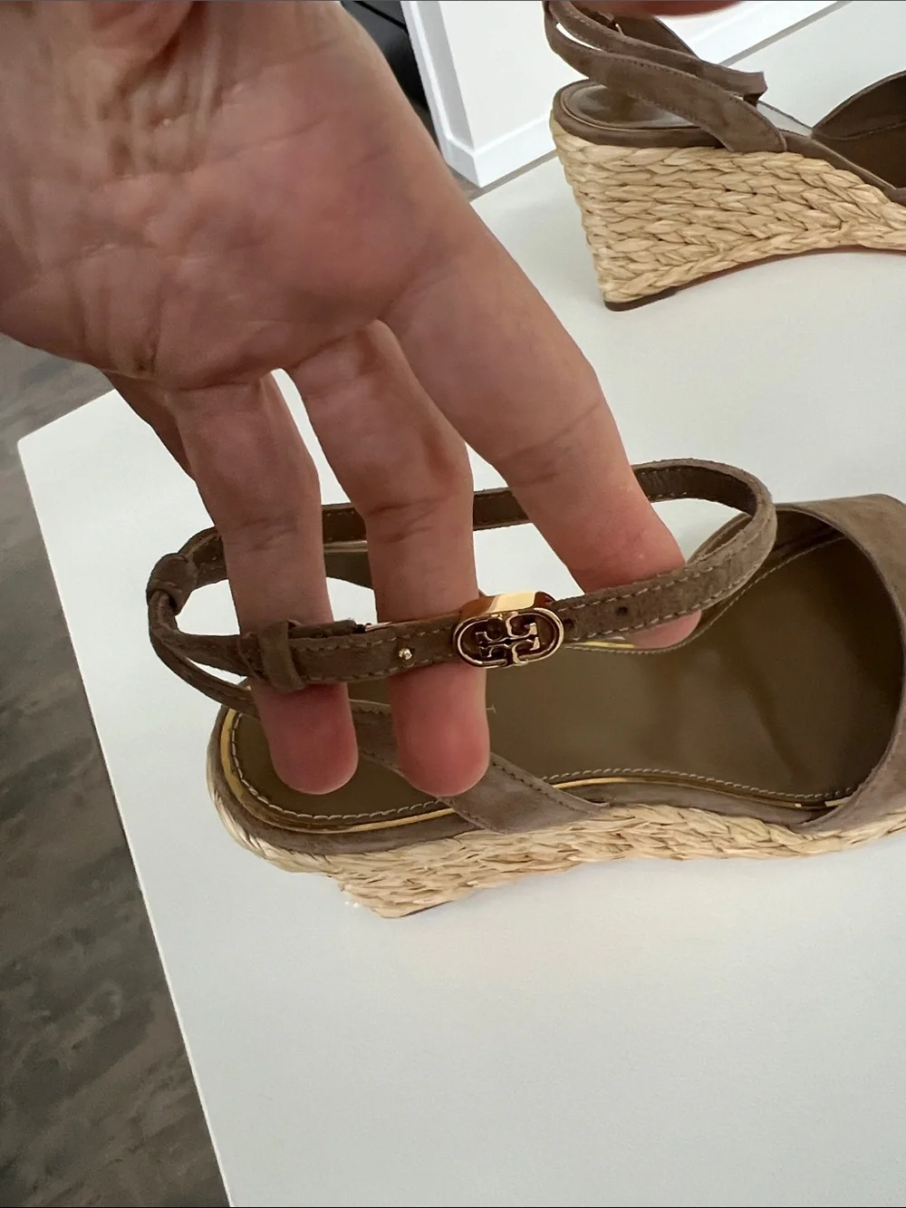 Tory Burch raffia open toe sandals wedges heels 80mm brown suede leather 9.5